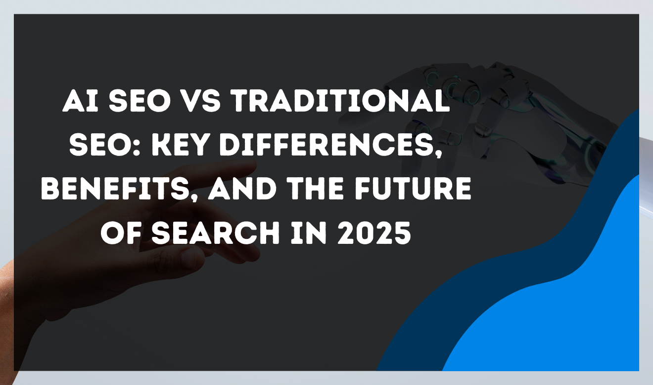 Illustration showing AI SEO vs Traditional SEO comparison with icons of automation and manual strategy.