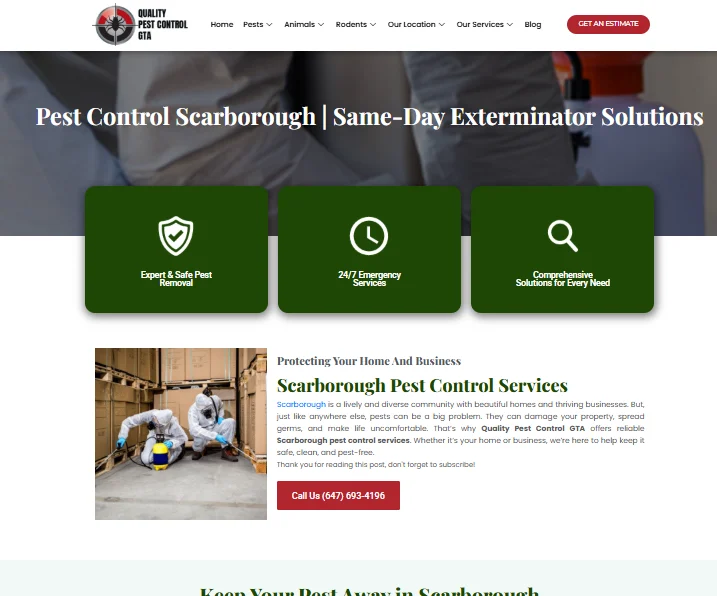 Redesigned pest control location page for Scarborough